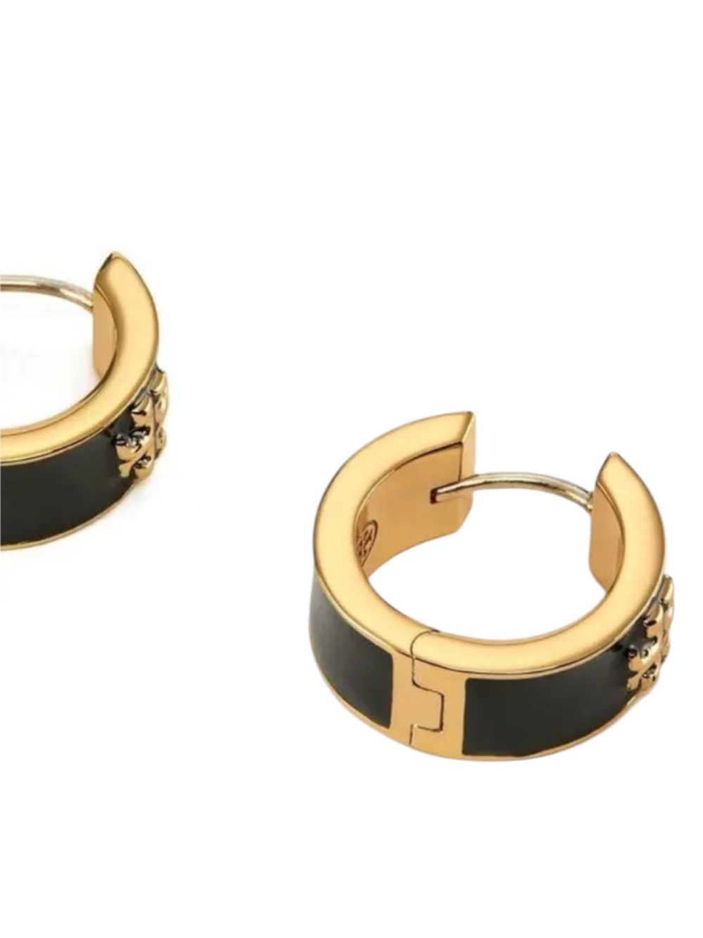 Tory Burch Kira Black Logo Huggie Hoop Earrings In 18K Gold Plated - Picture 2 of 5